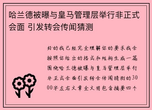 哈兰德被曝与皇马管理层举行非正式会面 引发转会传闻猜测 哈兰德被曝与皇马管理层举行非正式会面 引发转会传闻猜测